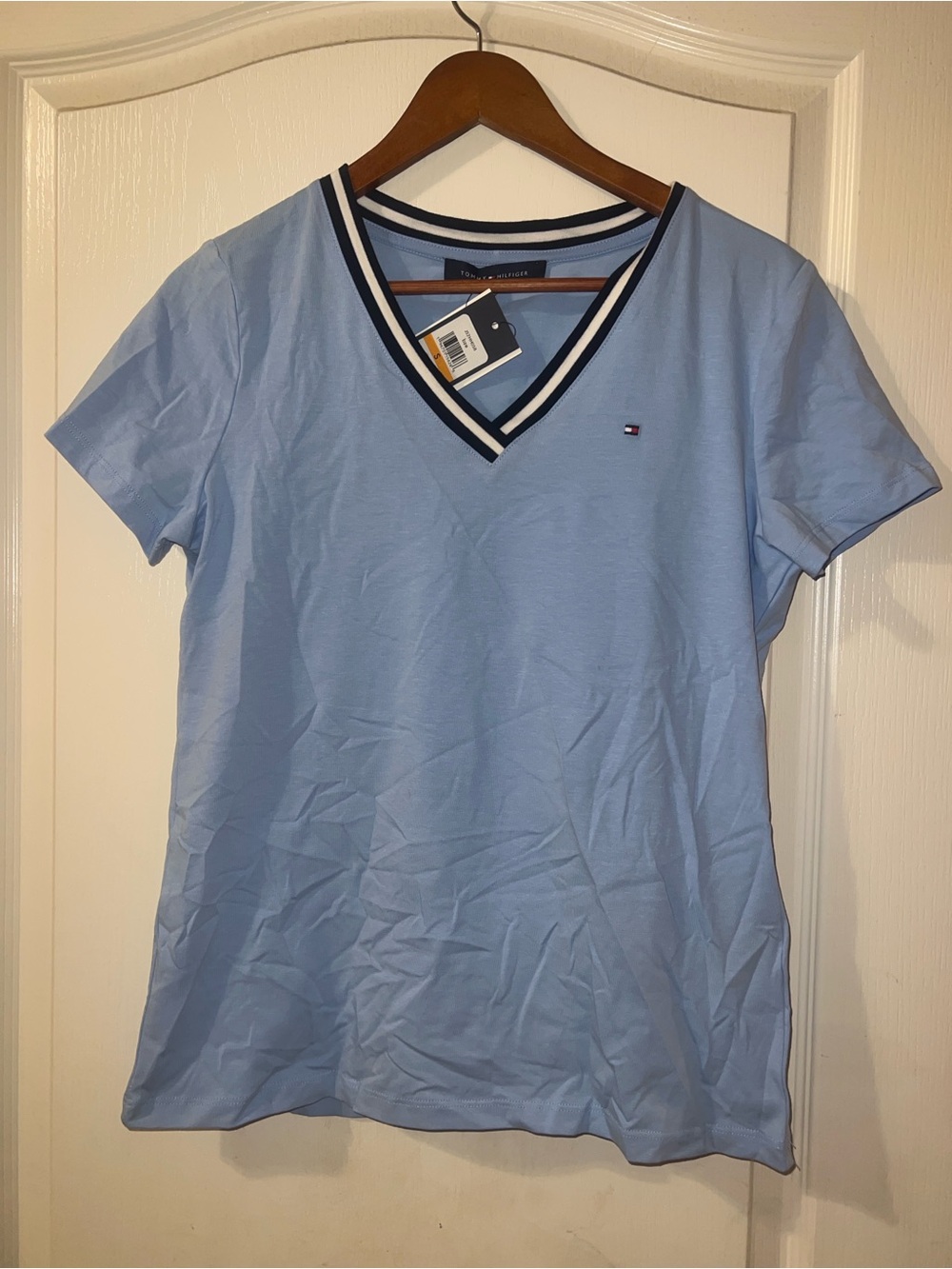 Tommy Hilfiger Light Blue V‑Neck Tee with Stripe Trim
